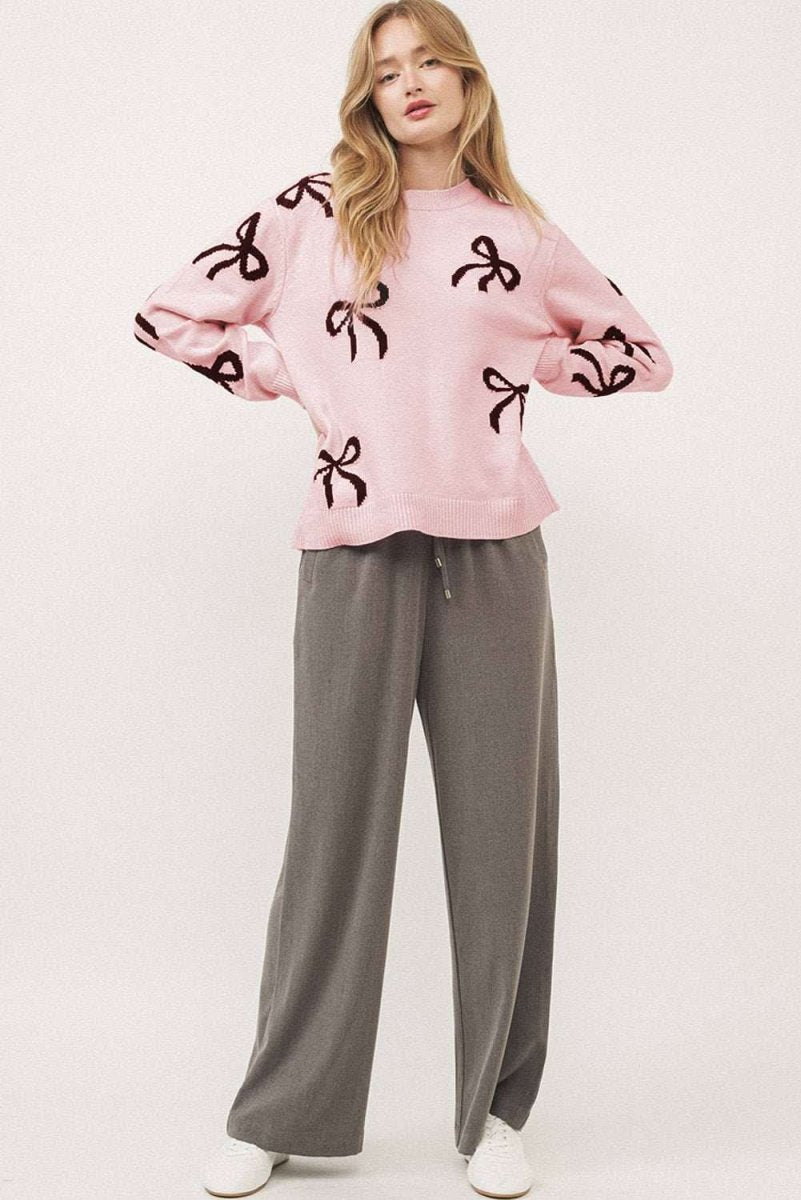 Light Pink Bow Print Cozy Knit Sweater - Love Salve